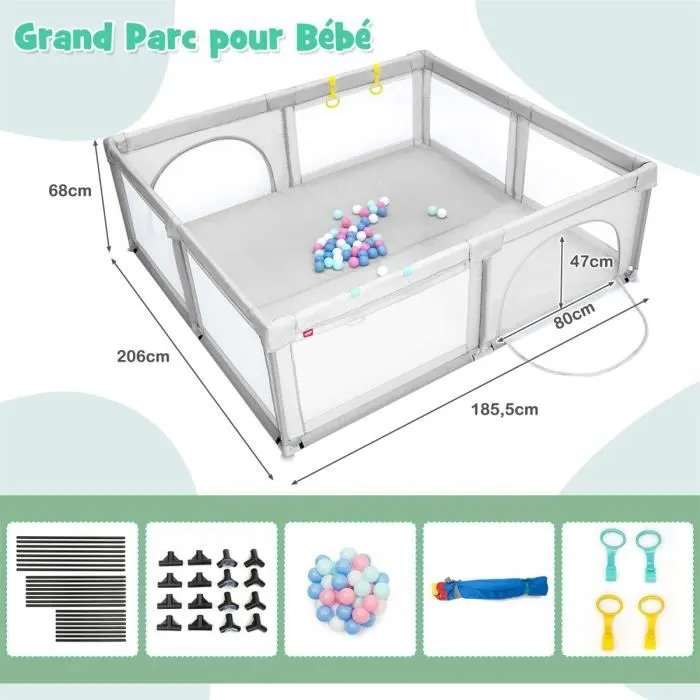 COSTWAY Parc Bébé 206 x 185,5 x 68 CM Non-toxique 10 mois - 6 ans 50 Balles,4 Ventouses en Caoutchouc Intérieur et Extérieur Gris-3