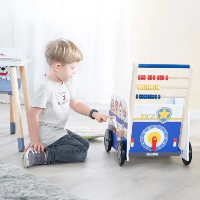 ROBA Pat Patrouille Trotteur Bébé - Bus et Chariot Enfant - Horloge Boulier et Éléments à Tourner - Motif Chiens - Bois Bleu - Blanc-1
