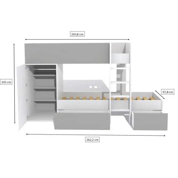 WEBER Lit superposé enfant contemporain blanc et gris - l 90 x L 190 cm - TWIN-3