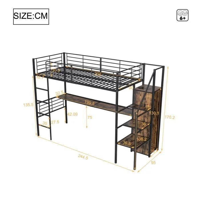 Lit mezzanine - DREAMMESPACE - 90x200cm - Métal noir - Bureau intégré - Armoire ouverte-3
