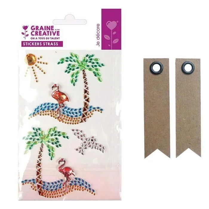 4 stickers strass 15 x 9,5 cm Ile paradisiaque + 20 étiquettes kraft Fanion-0