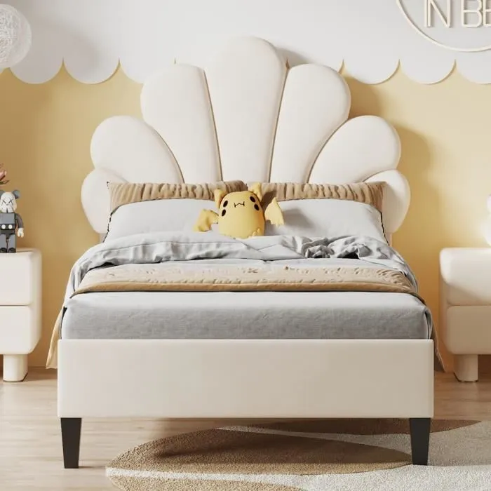 Lit simple scandinave 90x200 cm Lit rembourré avec tête de lit en forme de fleur et sommier à lattes, en velours, beige-0