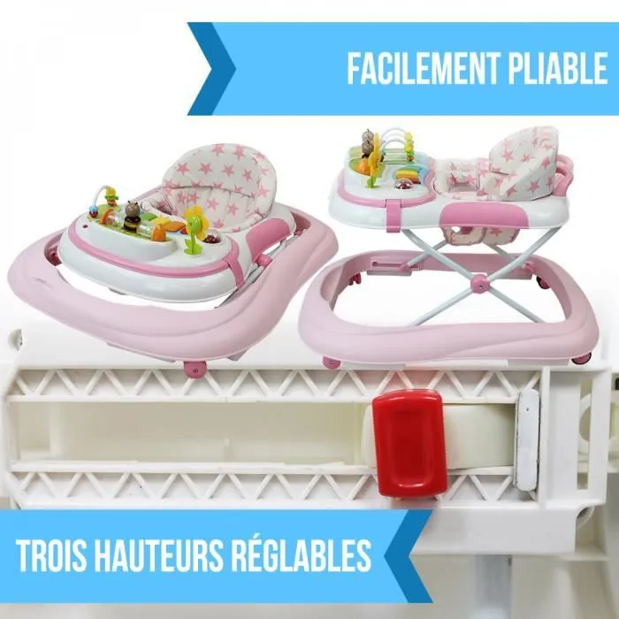 Trotteur bébé évolutif musical pliable réglable en hauteur - Rose - Monsieur Bébé-2