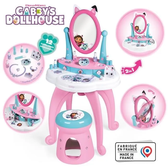 Smoby - Gabby et la Maison Magique - Coiffeuse enfant 2 en 1 - Tabouret inclus - 12 accessoires - Miroir orientable-0
