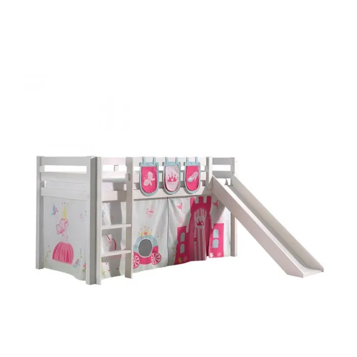 Vipack - PINO Lit mezzanine avec toboggan pin massif Blanc + Little princess rideau et 3 pochettes-0