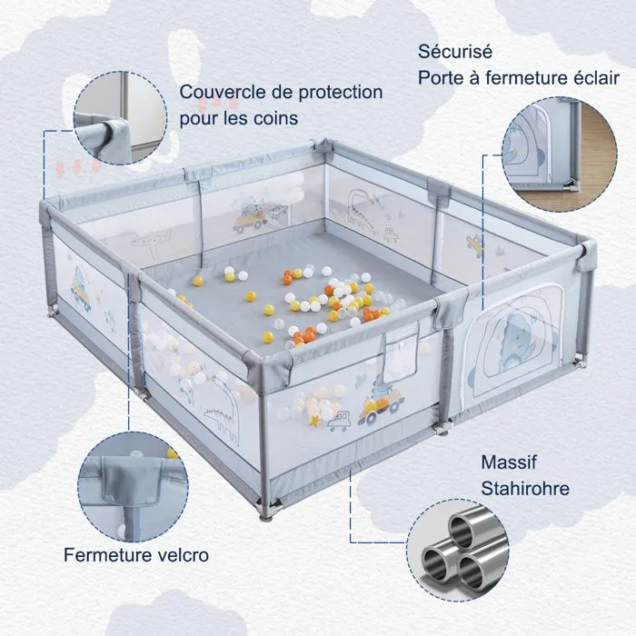 Parc Bébé avec 60 boules-Avec Tapis-2 Anneaux de Traction-Portable Centre d'activités Pour Enfants-180x200x65cm-Gris-2