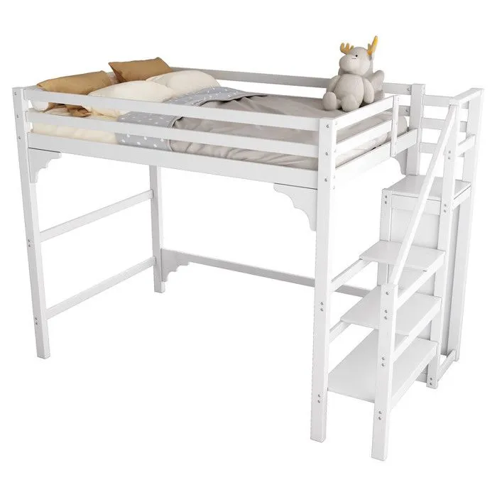 MODERNLUXE Lit mezzanine 140x200cm avec marches, penderie, rangements, blanc-1