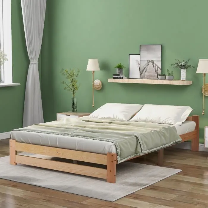 Lit double - Naturel - 140x200 cm - Bois massif - Tête de lit incluse - Montage facile-0