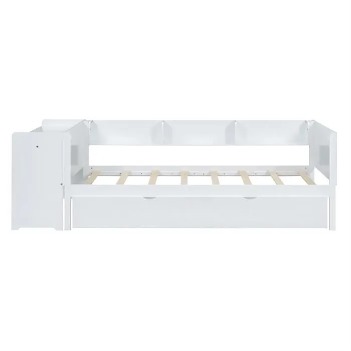 Lit gigogne 90x200cm+90x180cm, avec petit bureau, trois étagères sur le côté du lit, blanc-2