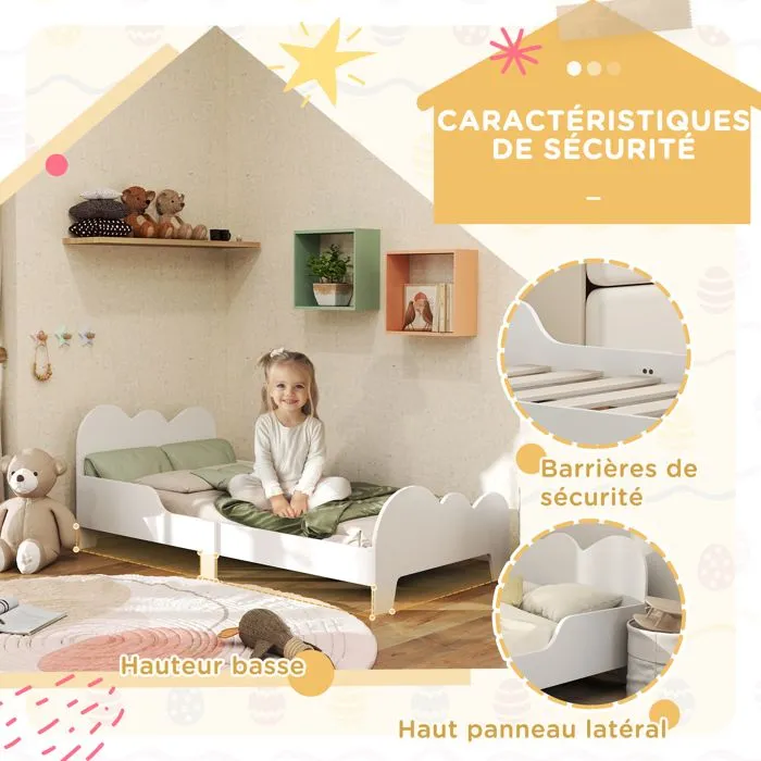 Lit pour enfant - AIYAPLAY - 3 à 8 ans - barrière de sécurité, sommier à lattes inclus - 143,5 x 74,5 x 56 cm - blanc-4
