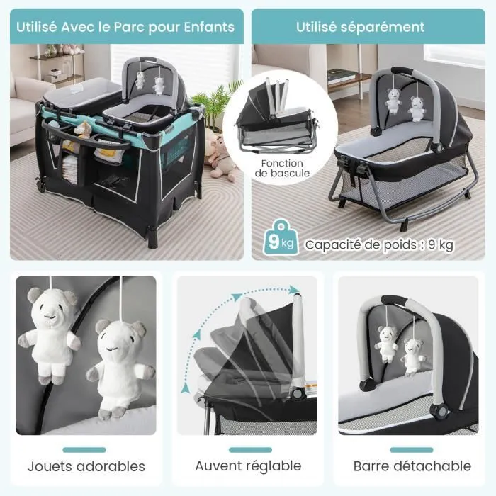 COSTWAY 6 en 1 Lit Parapluie Bébé avec Matelas,Barre Détachable avec Auvent Réglable,2 Jouets Musical et Sac Transport 0-3 Ans Vert-3