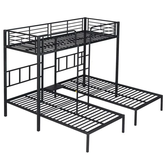 Lit superposé triple 90x200cm, avec échelle et table, cadre en métal, noir-2