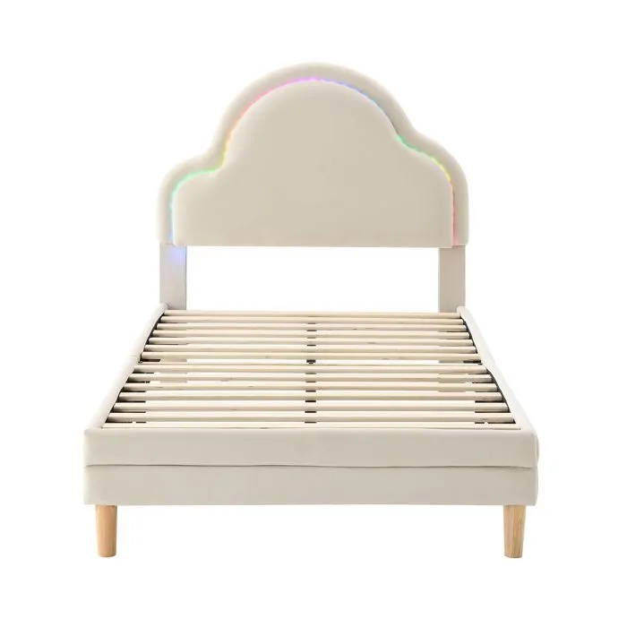 Lit simple enfant - Beige - 90x200 cm - Design nuage avec LED - Structure en bois - 1 place-1