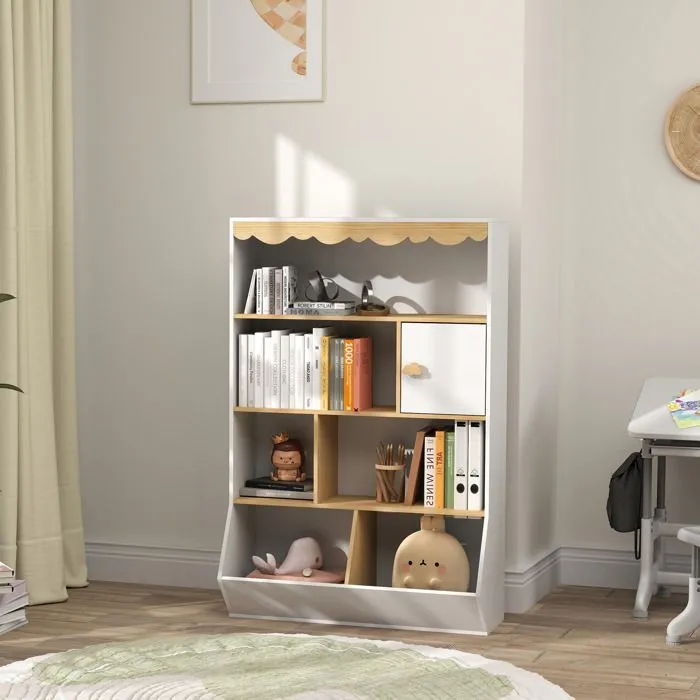 Bibliothèque enfant AIYAPLAY rangement livre enfant meuble de rangement pour jouets avec 4 étagères, 2 casiers et placard, blanc-2