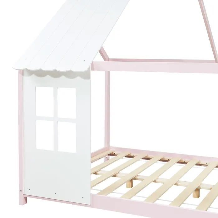 Lit cabane Tostedt pour enfant forme maison bois de pin 140 x 200 cm rose blanc [en.casa]-5
