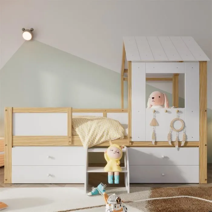 Lit cabane - Blanc + Naturel - 90x200cm - 4 tiroirs - Petit escalier - Bois massif-1