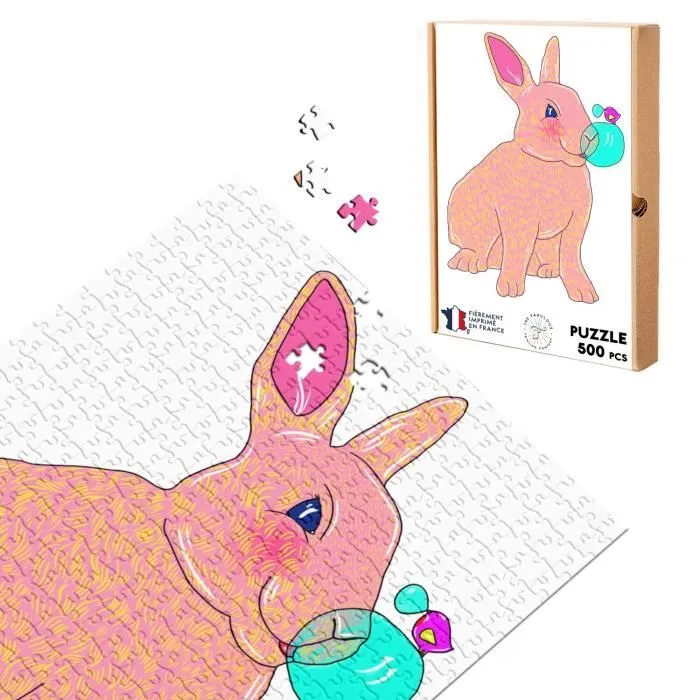 Puzzle Classique 500 pièces La Baleine - Collection de Créateurs - Lapin Rose et Petit Oiseau Violet Font un Concours de Bulles-0