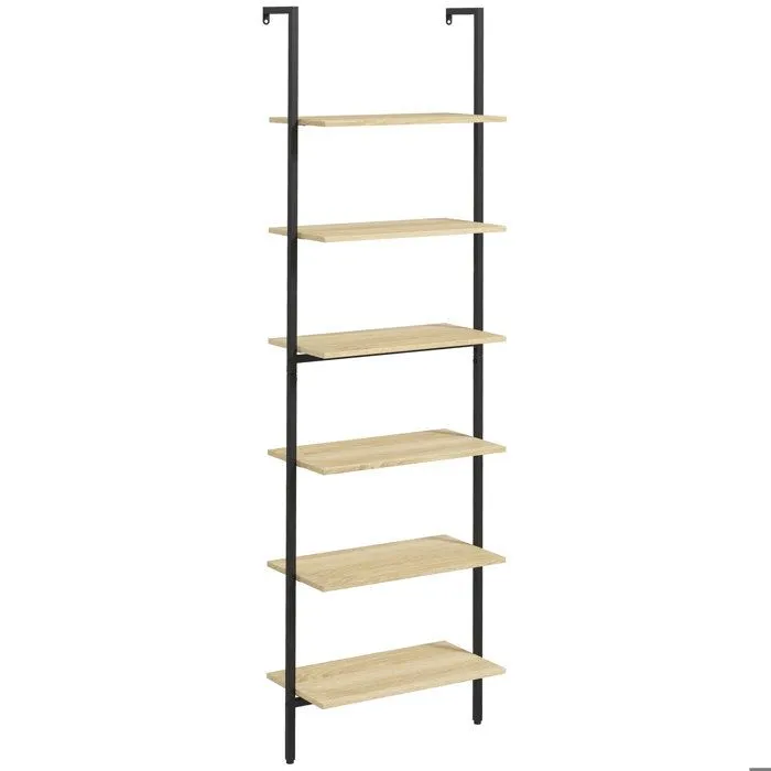 Étagère échelle bibliothèque style industriel H206 cm 6 étagères acier noir panneaux aspect bois clair-0