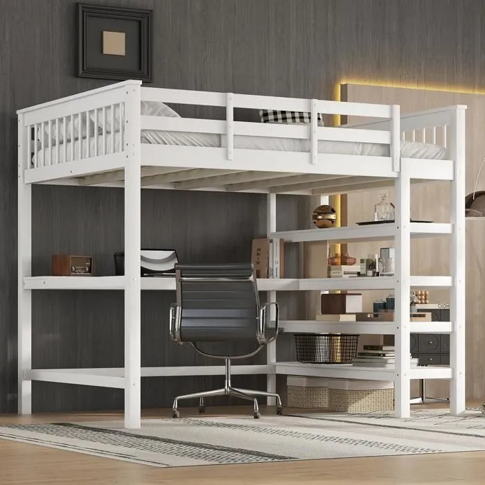 Lit mezzanine - AUTREMENT - 140x200cm - Bureau intégré - Rangement - Blanc-3