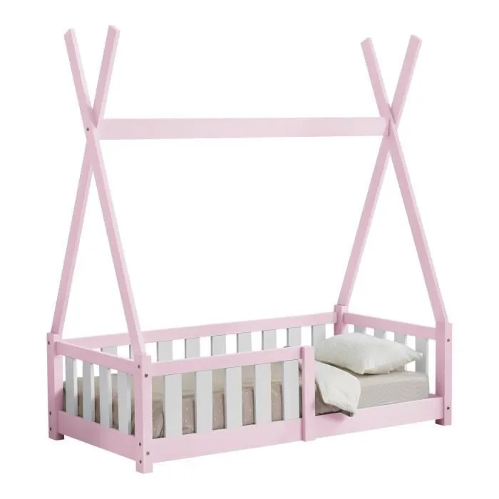Lit Tipi pour Enfants Helsingborg avec Grille de Sécurité Pin 140 x 70 cm Rose [en.casa]-1