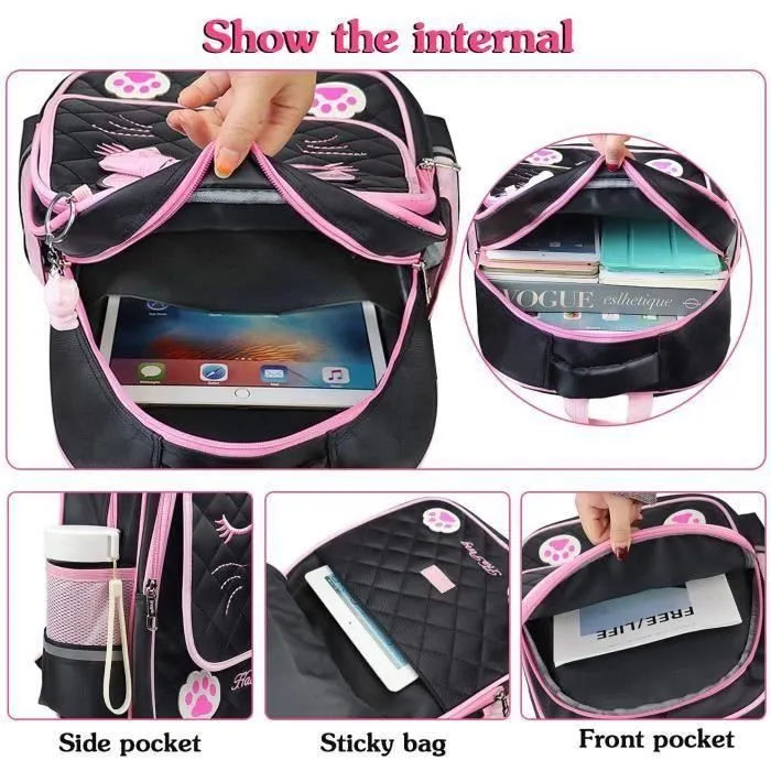 Cartable Fille Primaire, Sac à Dos Scolaire pour Enfants (Chat Noir)-1