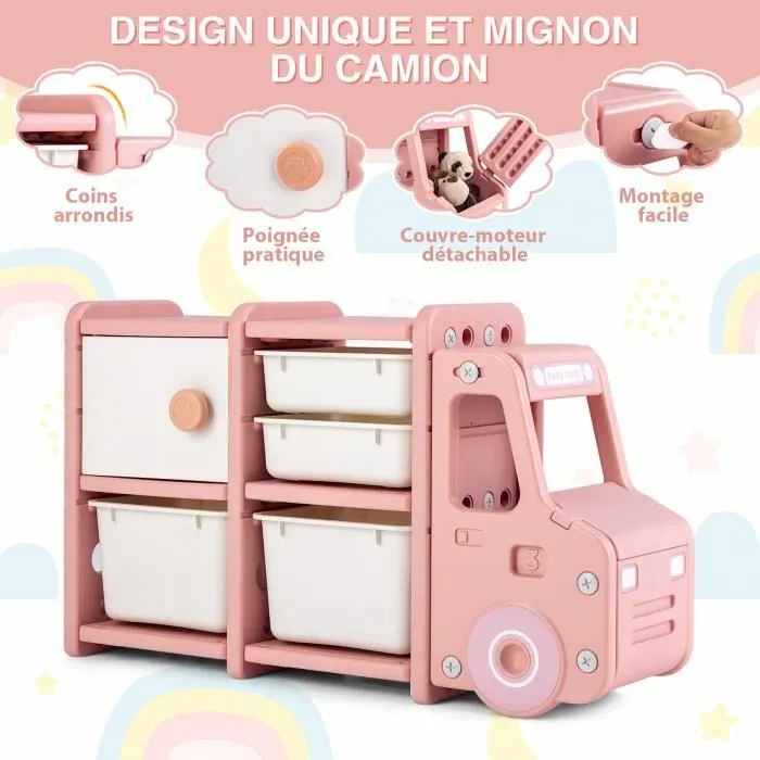 COSTWAY Meuble de Rangement Jouets pour Enfant - 2 bac, 2 tiroirs et 1 placard 110 x 32 x 66 (L x l x H) CM Rosé-1