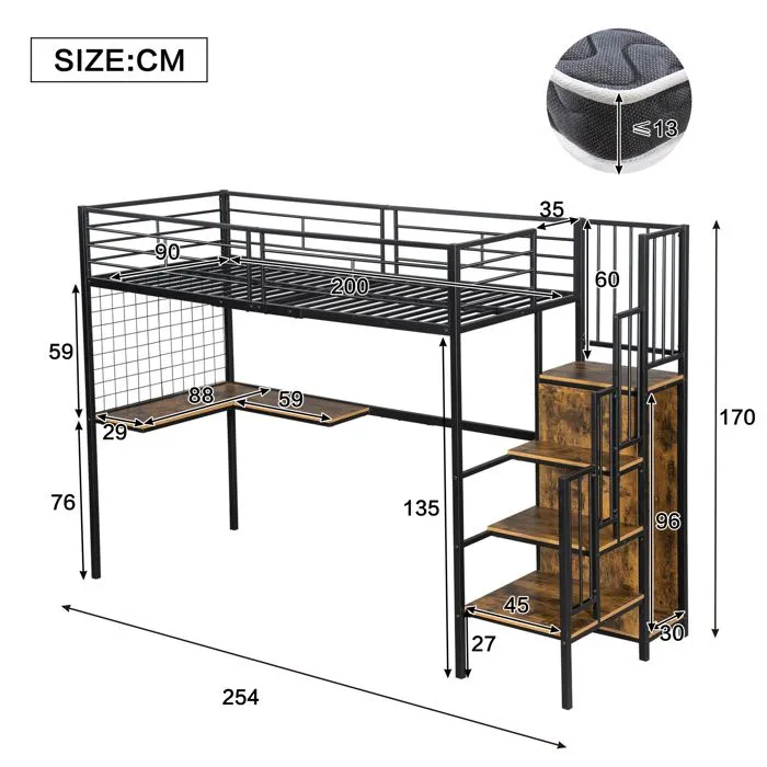 Lit mezzanine - Non spécifié - 90 x 200 cm - Noir - Échelle latérale - Armoire intégrée-2