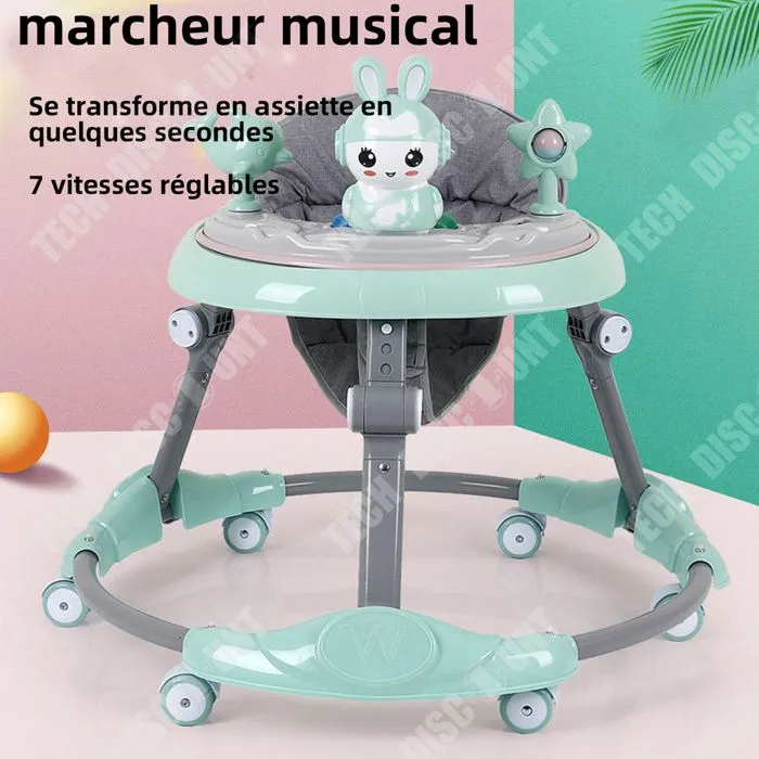 TD Trotteur 3-en-1 pliable réglable avec roues silencieuses à 360° et poignée et plateau d'activités musical amovible trotteur verte-1