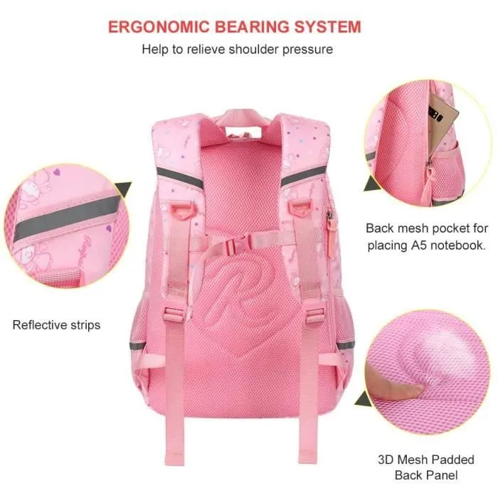 Cartables Fille Primaire Sac à Dos Scolaires Filles Vbiger - Rose - Enfant - Dos-3