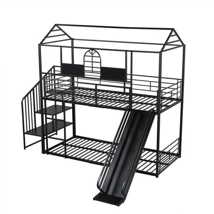 Lit superposé - Enfant - Noir - Métal - 90x200cm - Toboggan et échelle latérale-3