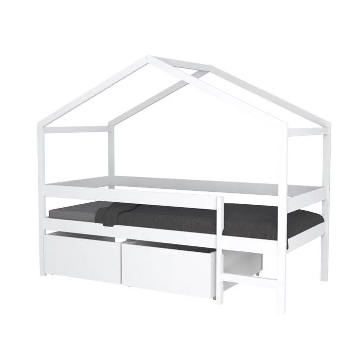 Lit cabane MIKA 90x190 + sommier + 2 tiroirs / Blanc-1