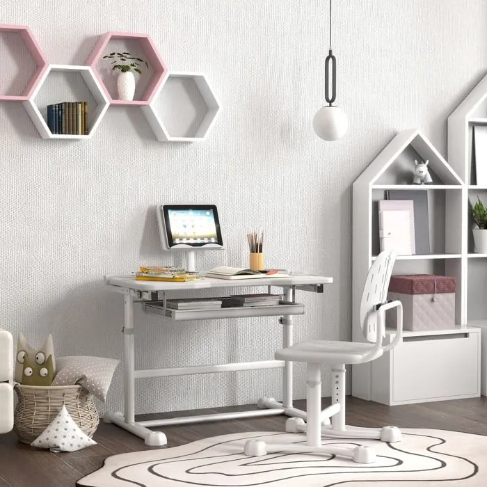 Bureau enfant avec chaise - AIYAPLAY - réglable en hauteur, plateau incliné 45°, tiroir et support de livre, gris-2
