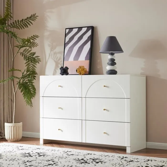 Commode 6 tiroirs - 120x40x82cm - pour salon et chambre à coucher - Style crème Blanc-0