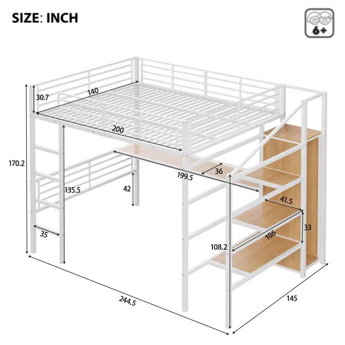 Lit mezzanine - MARQUE - 140x200cm - Bureau intégré - Armoire ouverte - Échelle de rangement-3