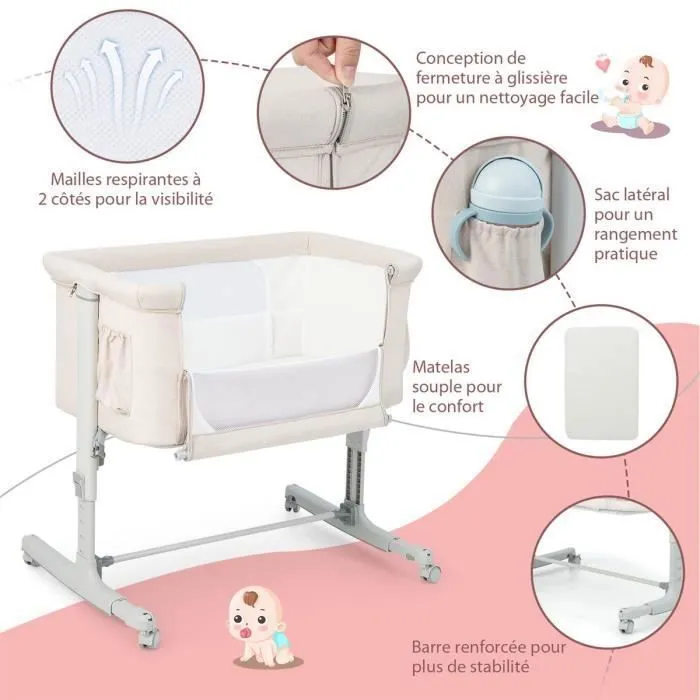 COSTWAY Lit Cododo Bébé à 5 Hauteurs Réglables, Charge 9KG, Lit Berceau Maille Respirante Sac de Voyage pour Bébé 0-6 Mois, Beige-3