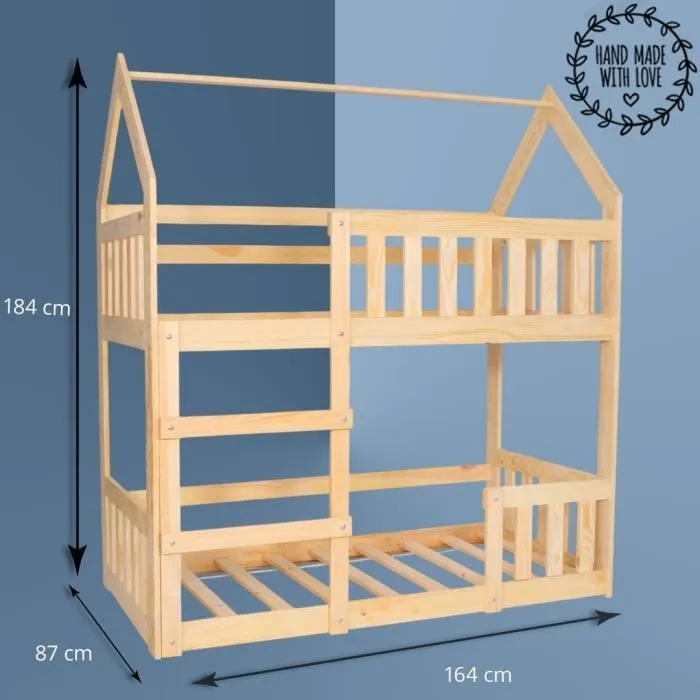 Lit superposé - Springos® - Maison en bois massif - 80 x 160 cm - 2 places - Barrière de sécurité-2