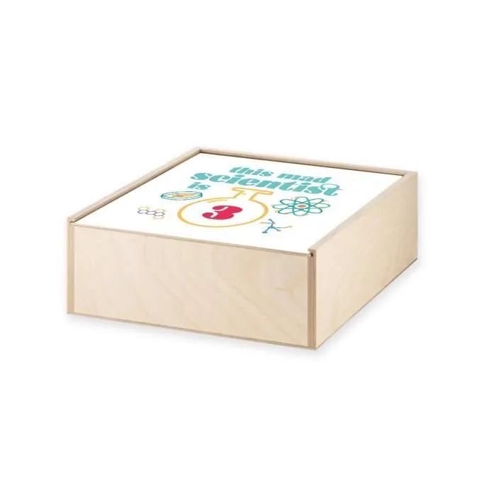 Boite Coffret en Bois - This Mad Scientist is 3 Anniversaire Celebration Cadeau Anglais Science Theme  (11 x 11 x 3,5 cm)-1
