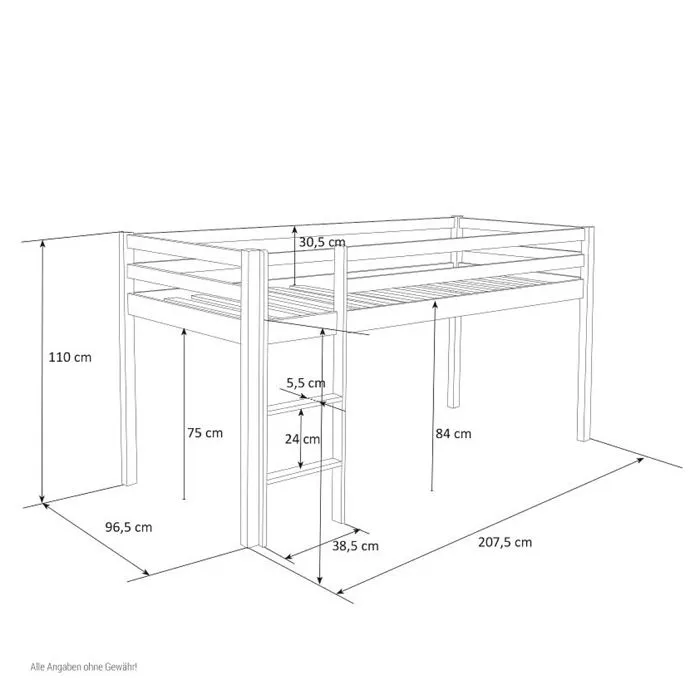Lit mi-haut - HomeStyle4U - 90x200 cm - Gris - Échelle réversible - Rideau étoilé inclus-3