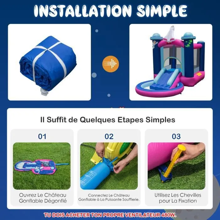 COSTWAY Toboggan Aquatique Gonflable Thème de l'Espace avec Gonfleur 480 W Piscine à Eclaboussures,Toboggan Sac de Transport,Piquets-2