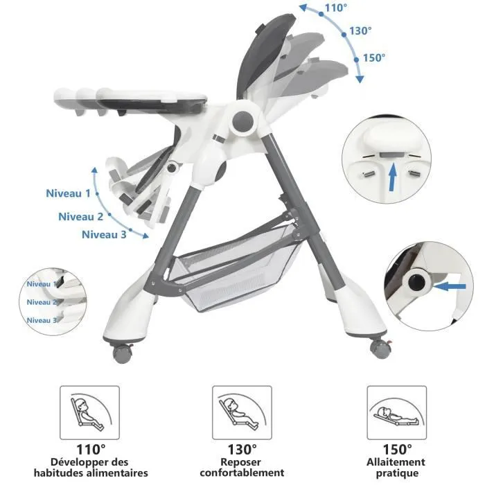 COSTWAY Chaise Haute Bébé Pliable à Bouton 4-en-1 Dossier Inclinable,Repose-pieds Hauteur Réglable Double Plateau Détachable 36 Mois-2