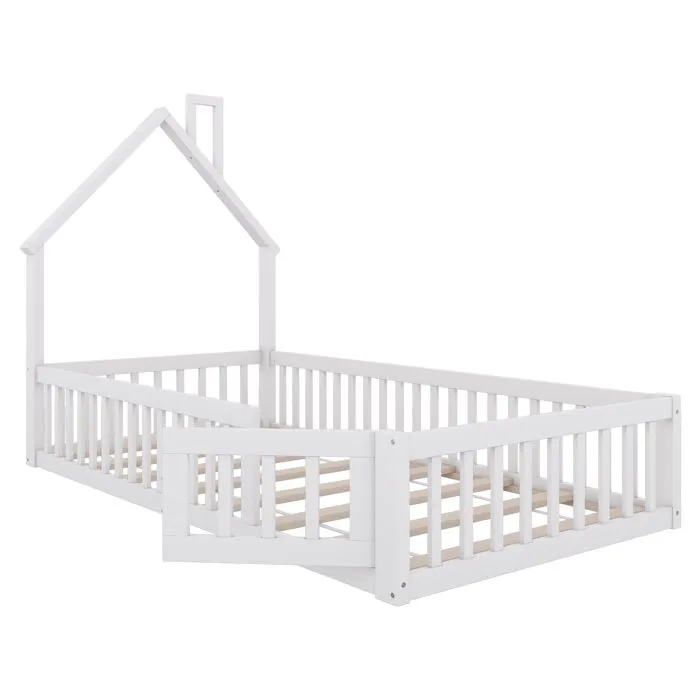 Lit enfant 90x200cm - Lit cabane - en bois massif - avec sommier à lattes - Blanc-3