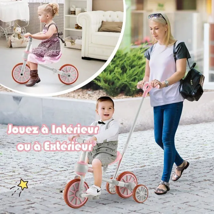 COSTWAY Tricycle Evolutif 5-en-1 avec Putter pour Enfants 2-4 Ans, Pédale et Roue Arrière Amovible, Siège et Poignée Réglables Rose-4