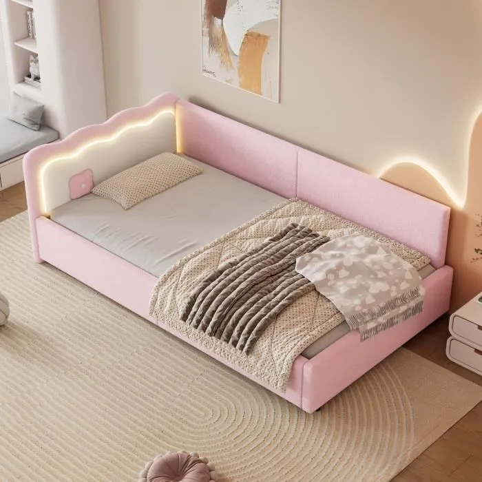 Canapé-lit enfant - Imitation polaire - 90x200cm - Velours rose - LED avec télécommande - 1 place-0