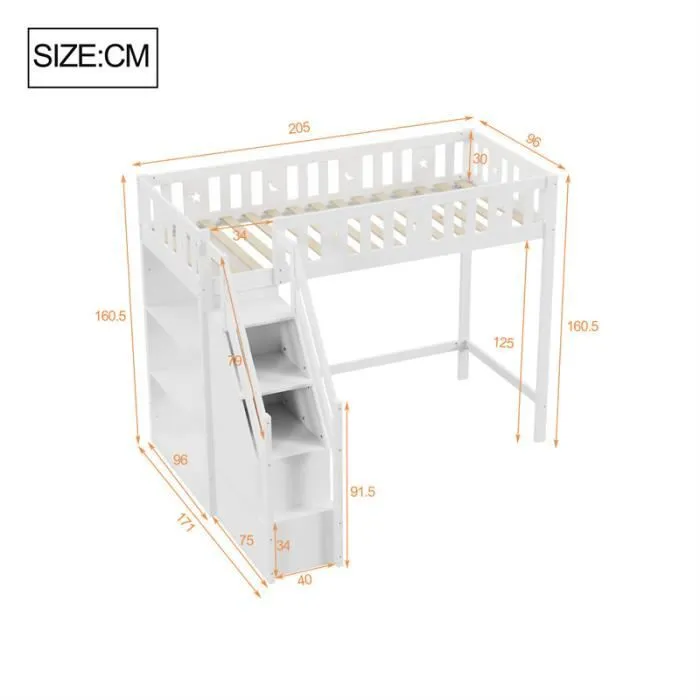 Lit mezzanine - DREAMMESPACE - 90x200 cm - Bois massif - Blanc - Échelle avec tiroirs de rangement-3