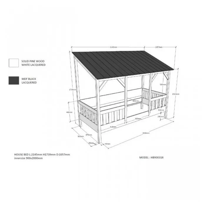 Lit cabane - Vipack - Malia - 90x200 cm - Toit blanc - Barrière de lit intégrée-3