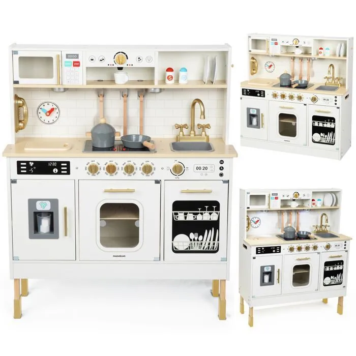 Cuisine Enfant Bois, Mamabrum, Éclairage LED, Cuisine Jouet Interactive XXL avec Micro-Ondes, Lave-Vaisselle, Machine à Café, Four-0