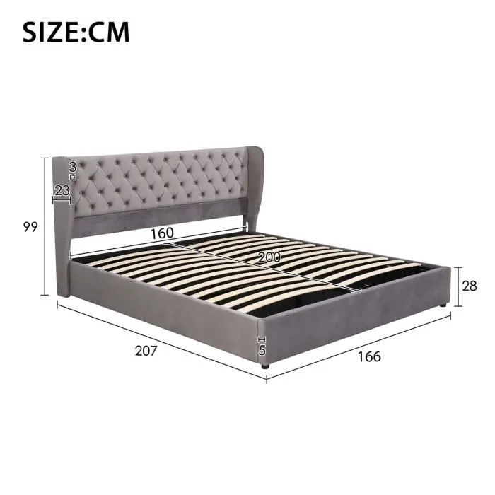 Lit coffre 160x200cm, avec sommier à lattes et espace de rangement, en velours, gris (sans matelas)-3