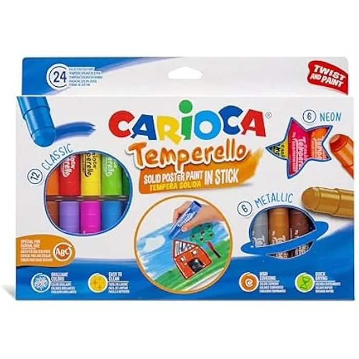 Tempera Lavable - CARIOCA - Temperello - 24 Bâtons - Couleurs Assorties - Effet Multi-usage-0