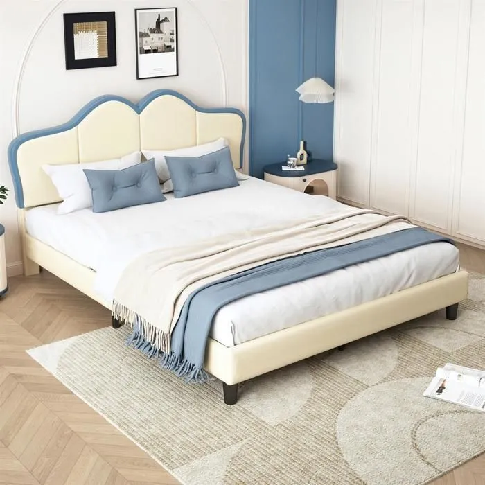 Lit bébé, blanc + bleu, sans matelas, 140x200 cm, avec bords de protection souples, lit double, PU-0