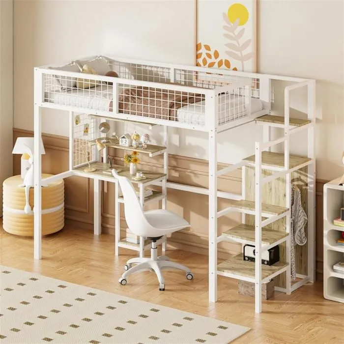 Lit mezzanine - LOFT - 90x200 cm - Métal blanc - Échelle de sécurité - Rangement intégré-0